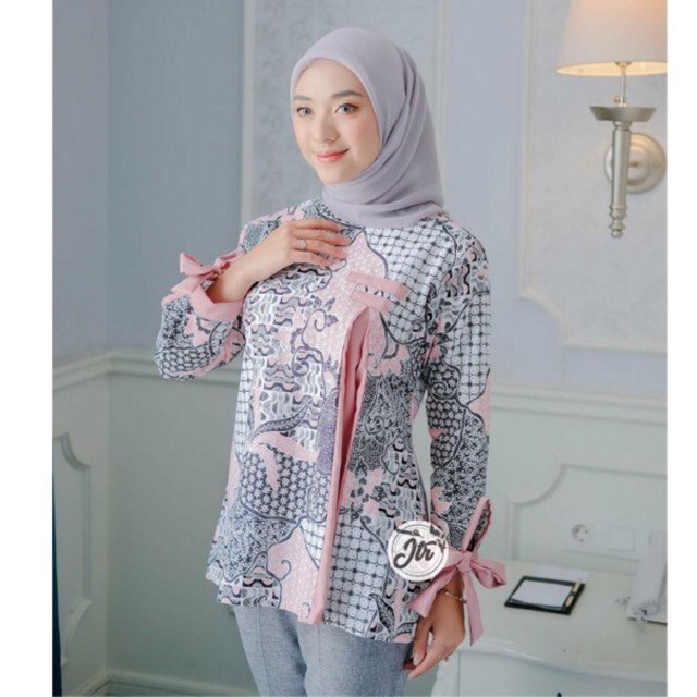 Blouse Batik Atasan Baju Wanita Katun Shakira Jtr Kombinasi Moscrepe Grey Silver Abu Pink
