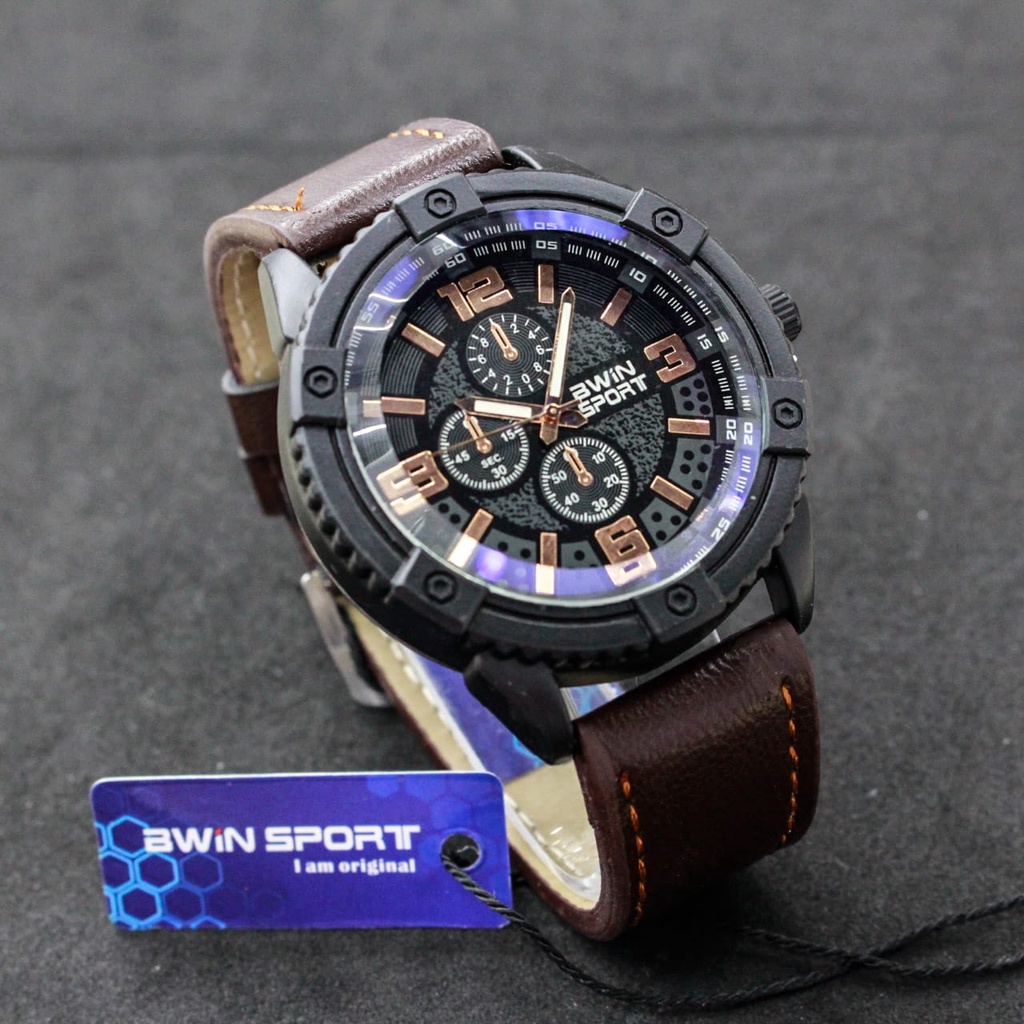 JAM TANGAN PRIA KULIT BWIN SPORT ORIGINAL/ TYPE B505 D = 47mm/ JAM TANGAN KULIT TEBAL/KACA TEBAL/ JAM TANGAN BWIN ANALOG TIME/JAM TANGAN BW505