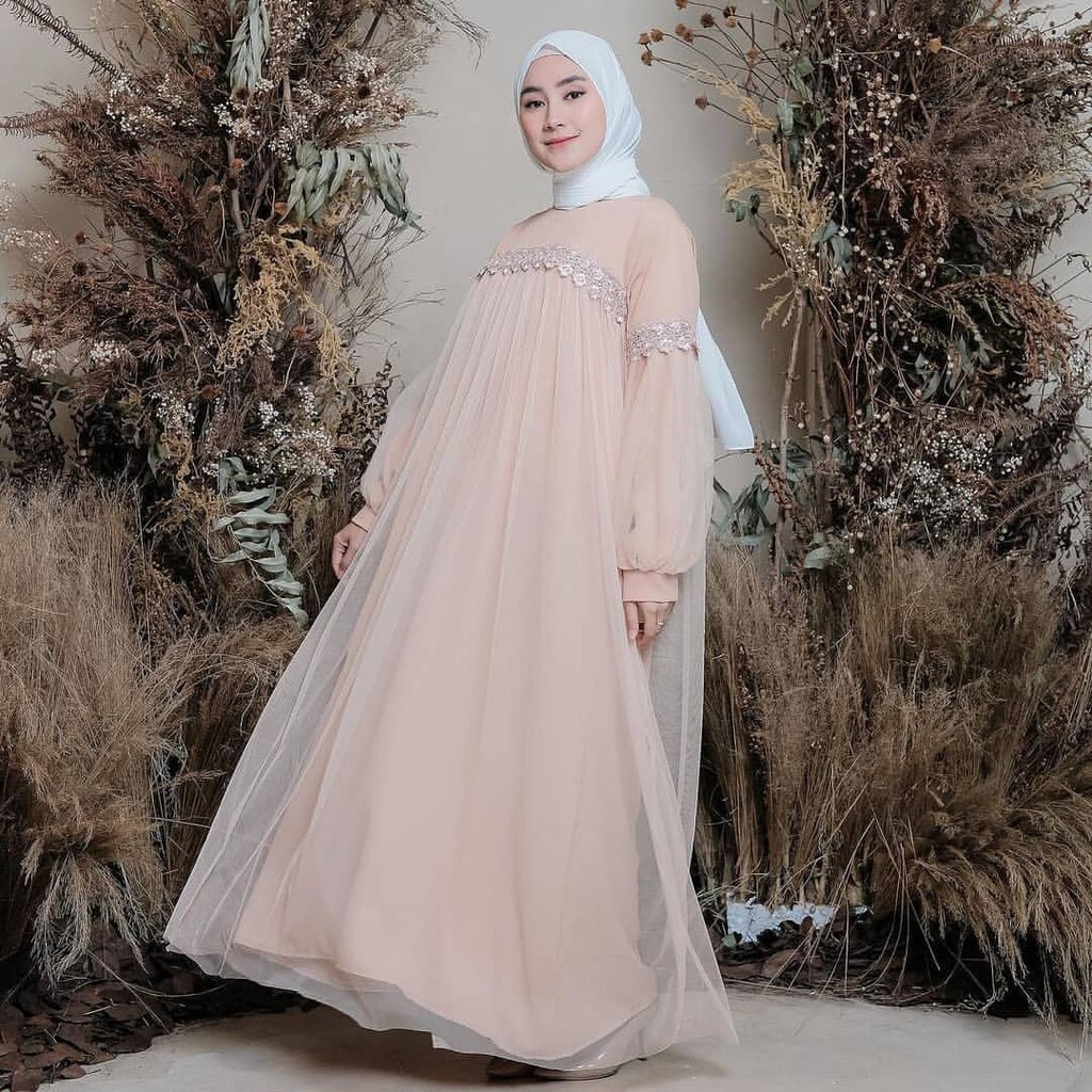 Khadj Hijab - Gamis Dress Pakaian Muslim Mix Renda Jasmine-Mocca