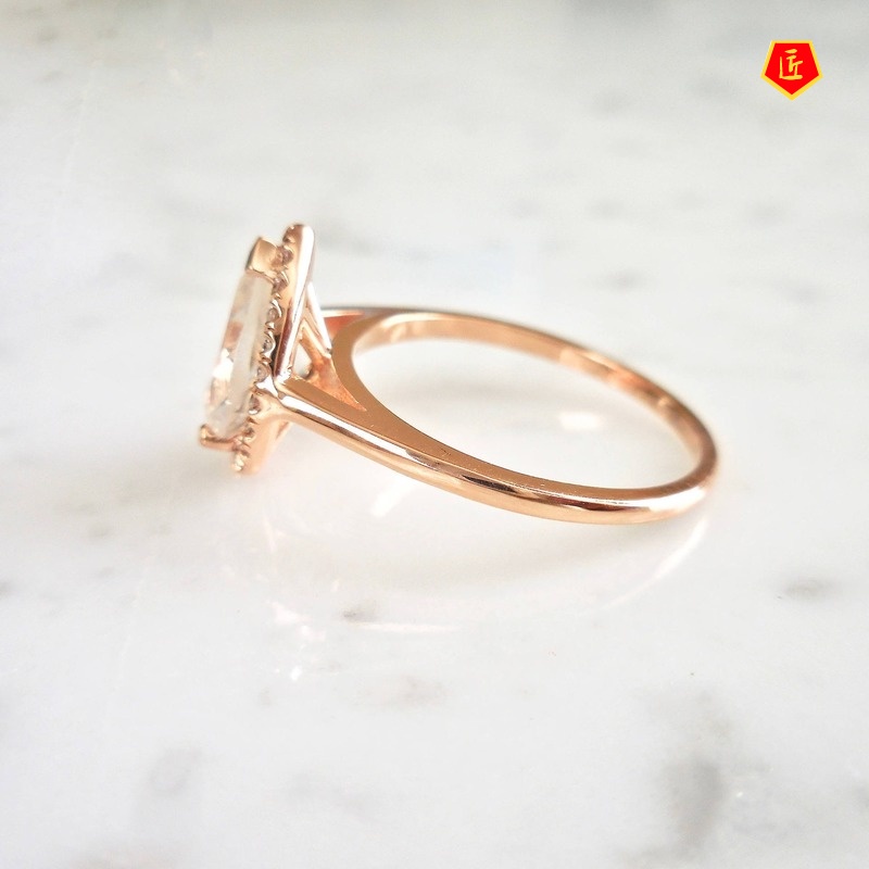 [Ready Stock]Personality 18K Rose Gold Drop-Shaped Diamond-Studded Ring