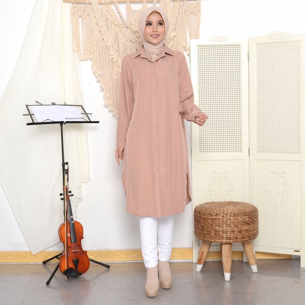 Long Tunik Oval Kemeja Kancing Lengan Panjang