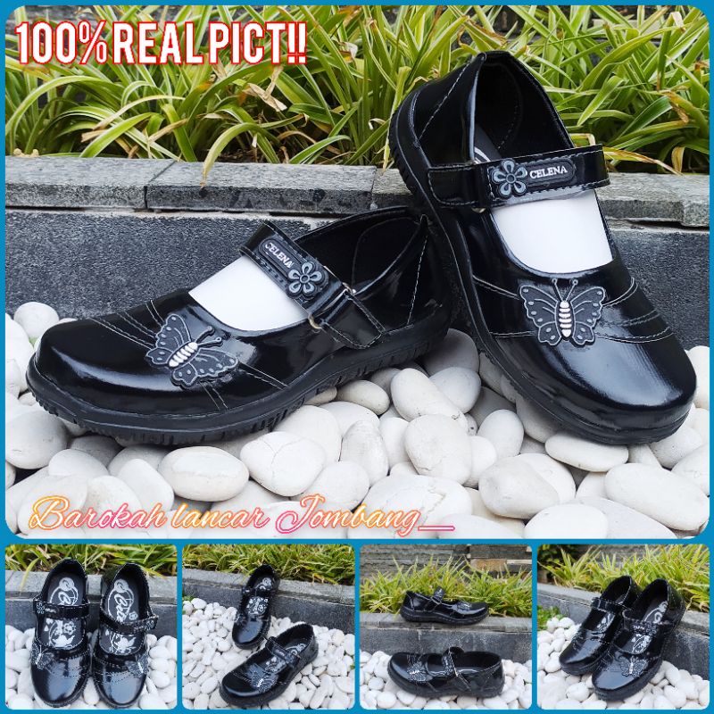 Sepatu anak TK SPORTY / Celena F09/10 Sepatu Pantofel Anak Hello Kitty Kilap Size 26-35 Hitam