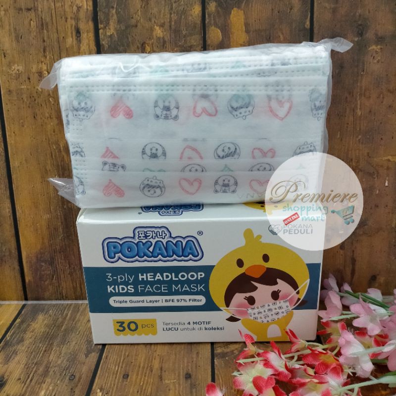 READY Masker Anak Pokana Headloop 3 ply / Face Mask Kids isi 30 pcs