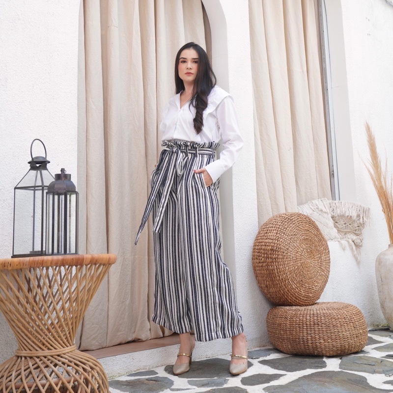 MARILINE FIONNE Striped Culottes - Celana Kulot High Waist Tali Pinggang Stripes