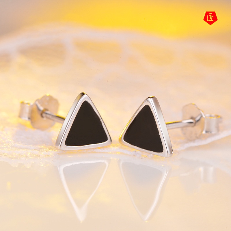 [Ready Stock]Silver Black Classic Heart-Shaped Geometric Ear Studs