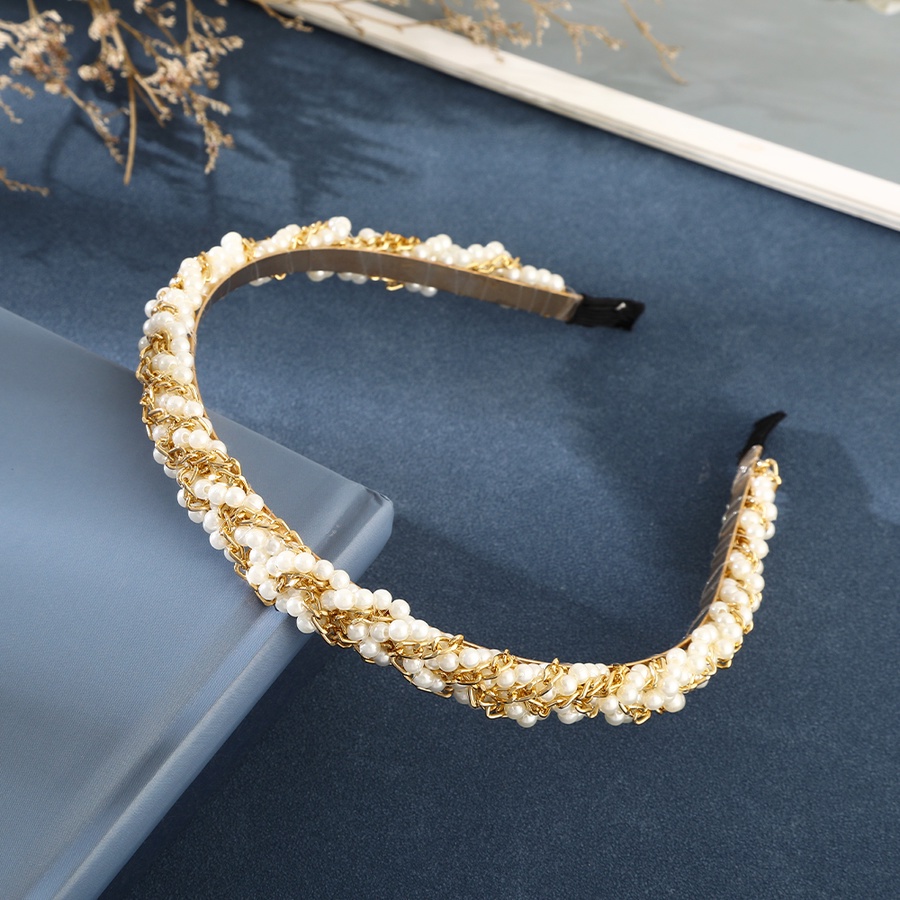Bando Desain Bunga Aksen Mutiara Dan Berlian Imitasi Bahan Metal Warna Emas Gaya Korea Untuk Wanita