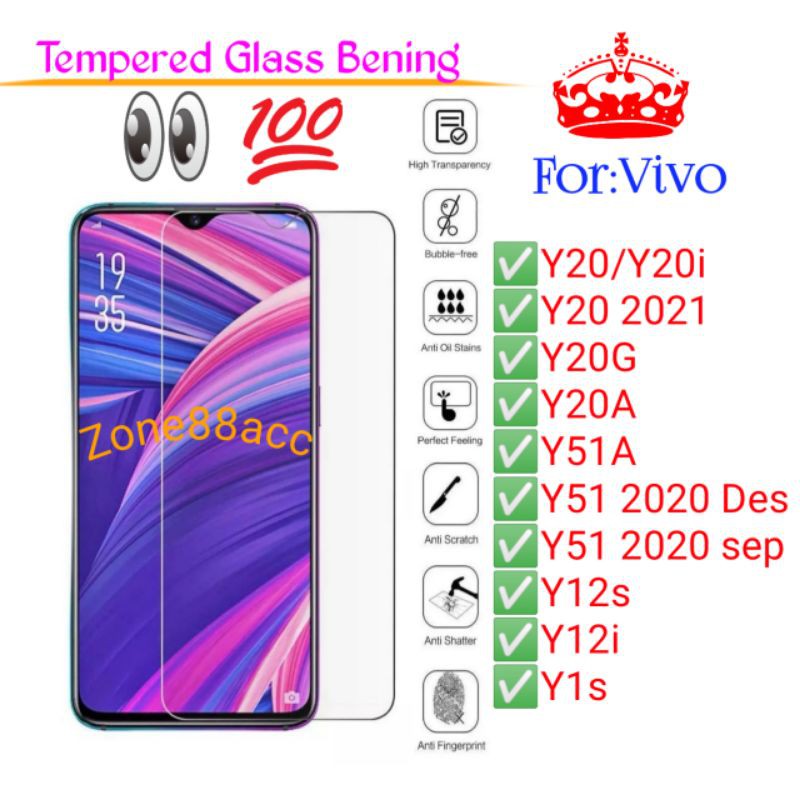 Vivo Y20 Y20i Y20G Y20A Y51A Y51 Y12s Y12i Y1s Antigores Bening Tempered Glass Screen protector TG