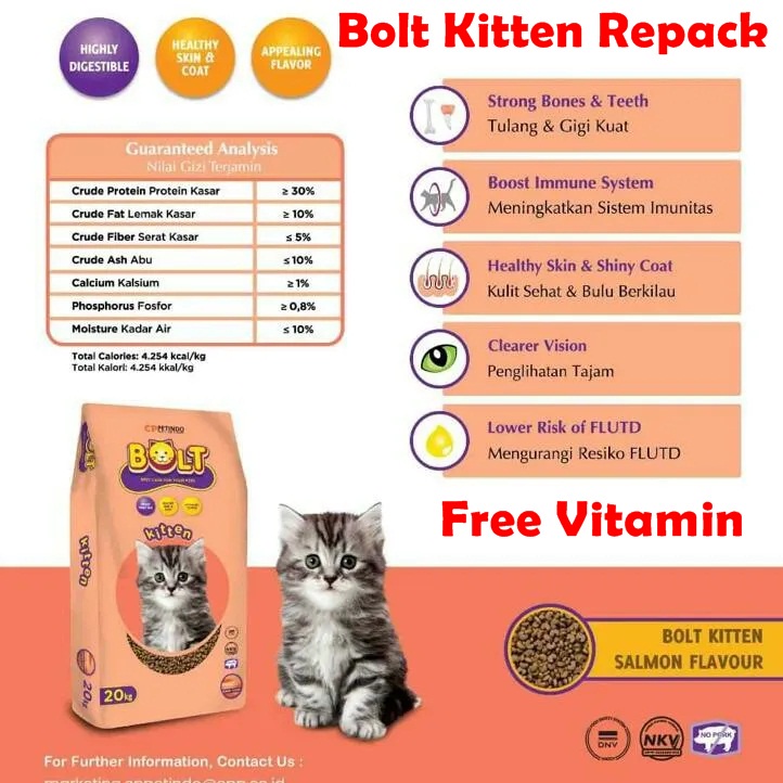 Makanan Kucing BOLT Kitten 1KG Free Vitamin Repack Cat Dry Food Pakan Kering Pelet