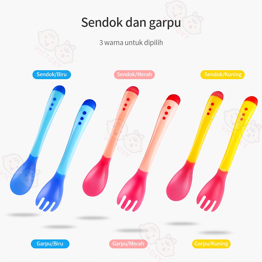 1 Set Sendok Makan + Garpu Bayi Sensor Panas – AC 39 – Alat Peralatan Makan Untuk MPASI Bahan Silikon / Silicone / Silicon BPA Free – Perlengkapan Tempat Alat Makan Set dengan sensor suhu makanan untuk merawat Kesehatan gigi dan mulut Bayi