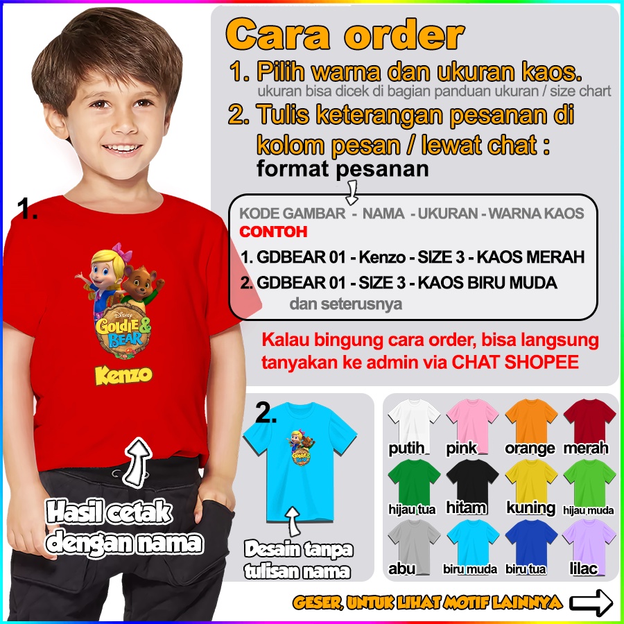 [FREE NAMA] Baju Kaos COUPLE  ANAK DAN DEWASA GOLDIE AND BEAR BANYAK MOTIF