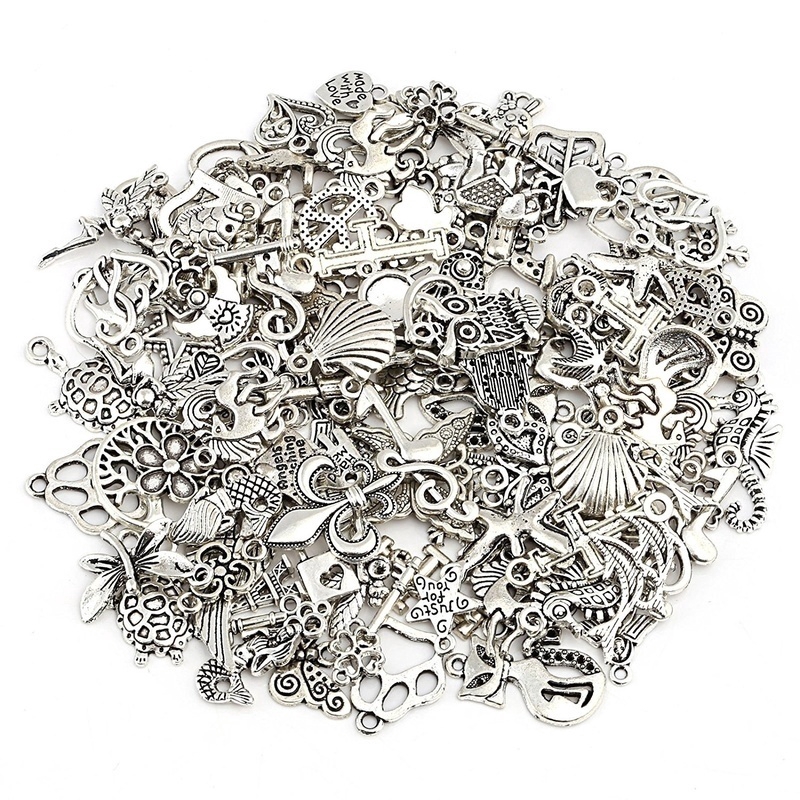 100 Pcs Liontin Kalung/Gelang Aneka Model Warna Silver Tibet untuk Membuat Perhiasan DIY