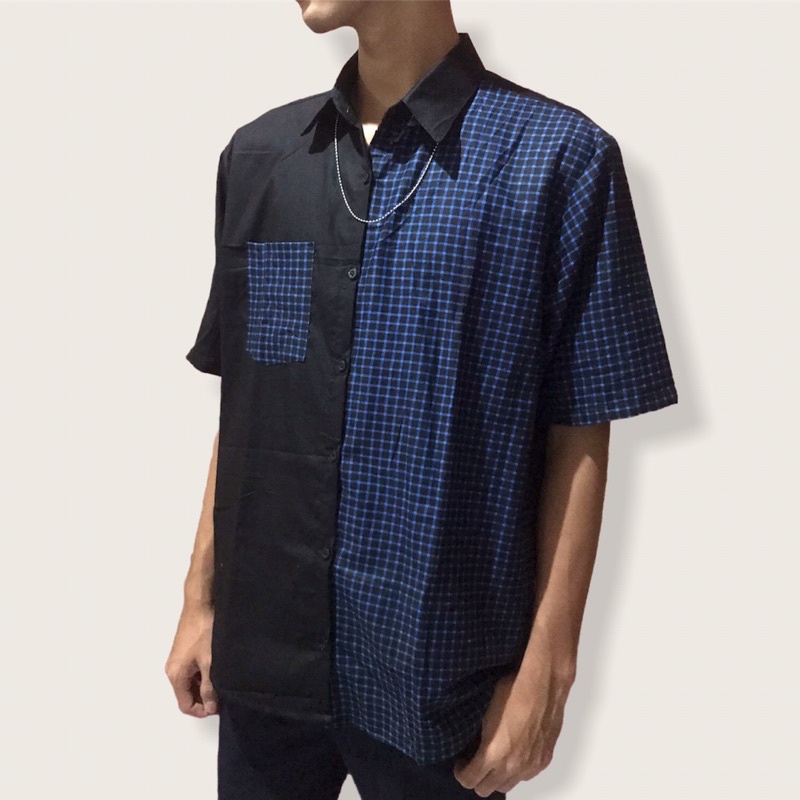 Kemeja Pria Two Tone KotakNavy-Hitam New