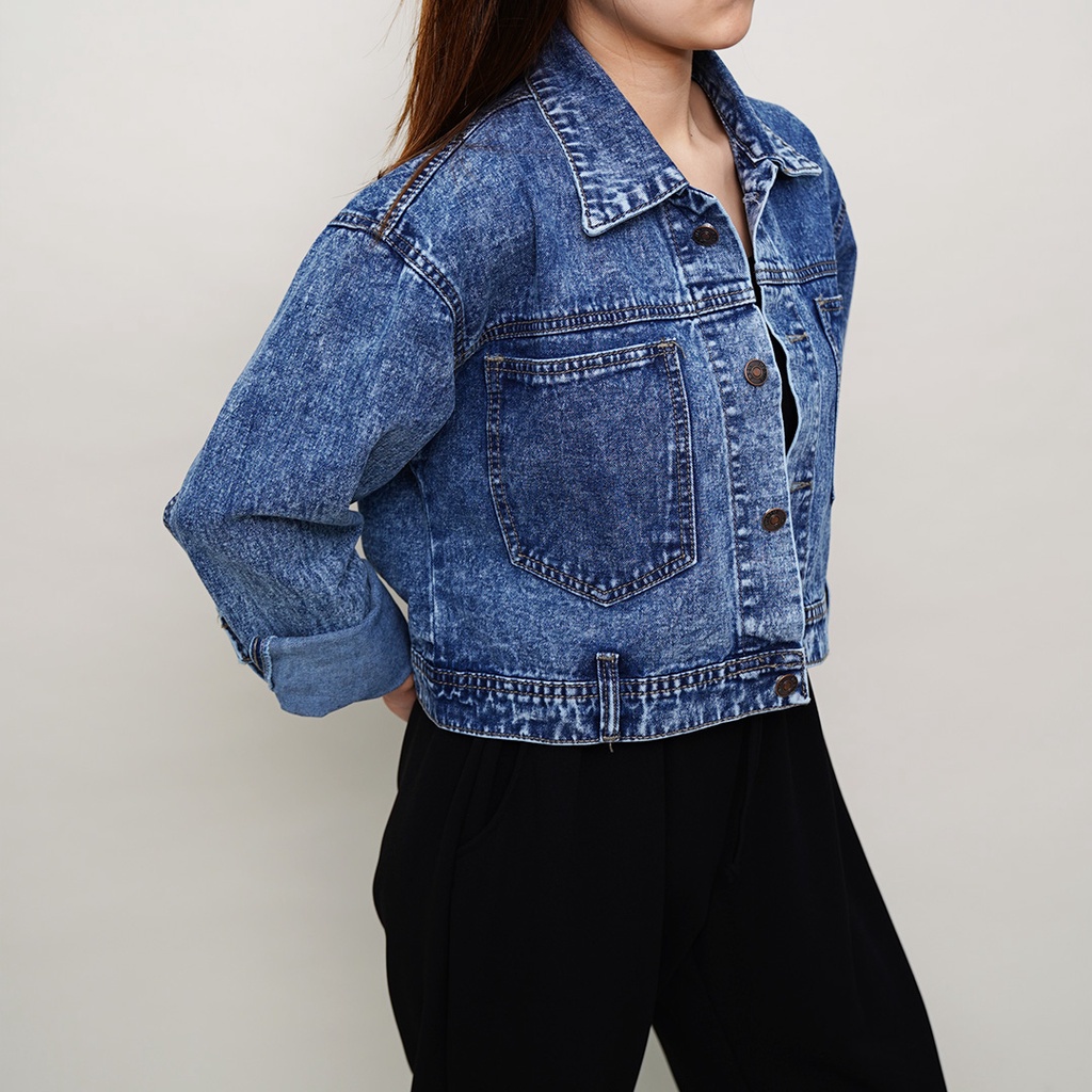 JAKET TANPA RAWIS//JAKET CROP TOP//JAKET JEANS//OUTERWEAR//JAKET CROPPED JEANS SNOW BLUE