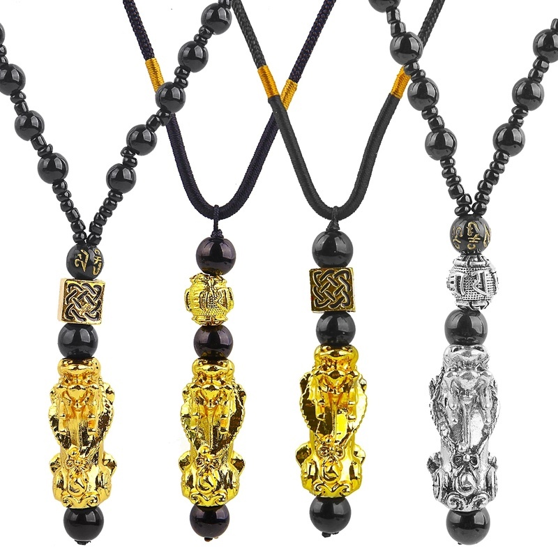 Kalung Rantai Klavikula Liontin Manik-Manik Batu Obsidian Pixiu Warna Emas Untuk Wanita