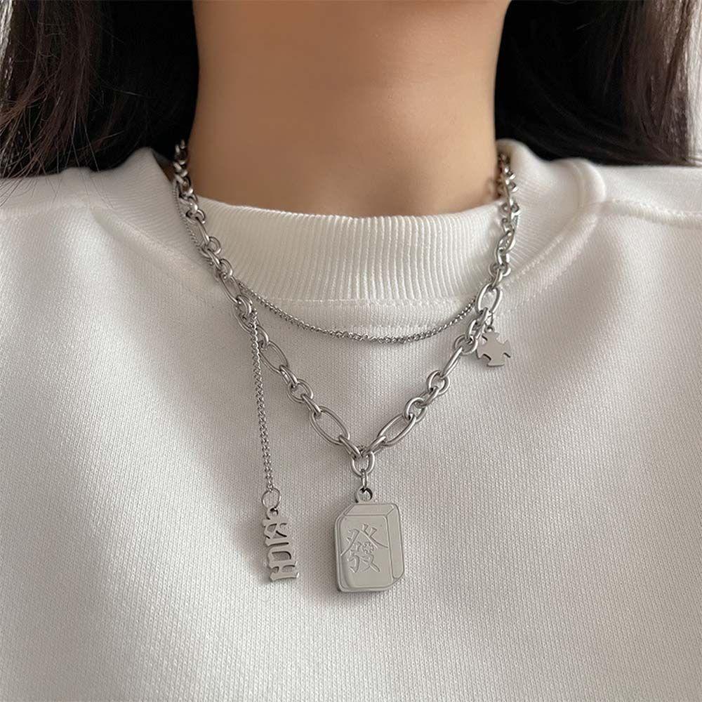 Mxbeauty Wanita Kalung Keren Hip Hop Hadiah Pacar Rumbai Sweater Rantai Double Layer Pasangan Kalung Gaya Cina Kalung