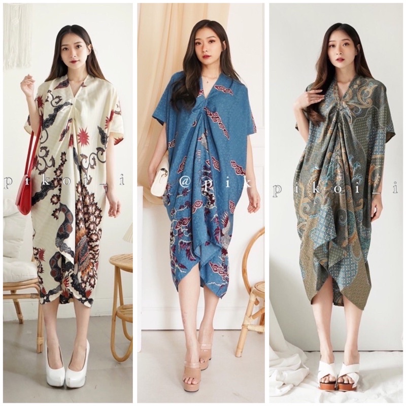 Kaftan Batik Dress Satin Dobby Putih Biru Ramadhan Lebaran / Kaftan Kondangan Couple Korea / 2793