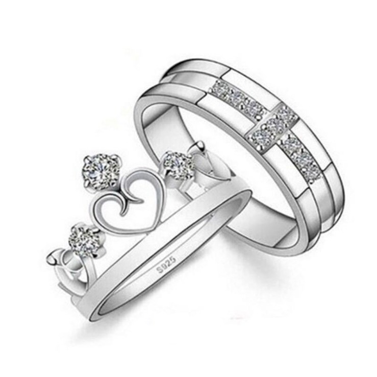 Cincin Couple Anti Karat Lapis Emas Putih 18K White Gold Kristal Zirconia Silver S925 Lamaran Tunang