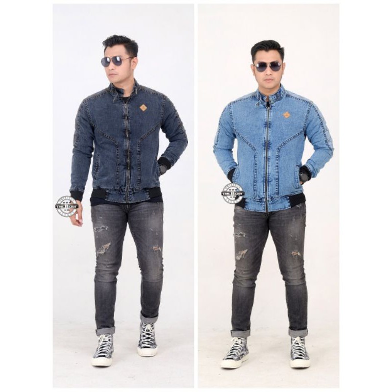 JAKET JEANS PRIA THE BERY KERAH LOGO KULIT MURAH