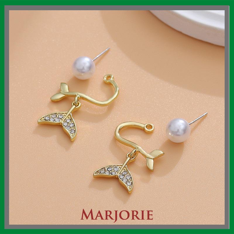 Pearl Fishtail Back Hanging Earrings Wanita High-end Cahaya Mewah Penuh Berlian Anting Geometris-MJD