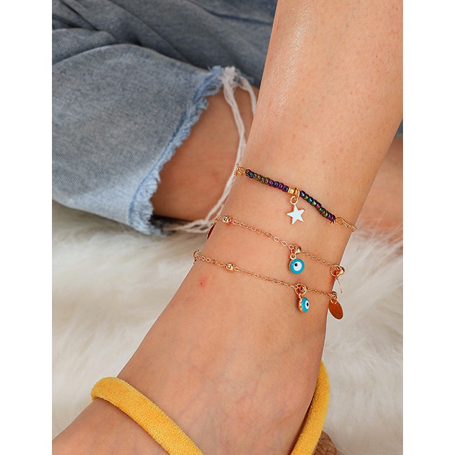 LRC Gelang Kaki Fashion Gold Mizhu Alloy Disc Eyes Hollow Star Multi-layer Anklet D09307