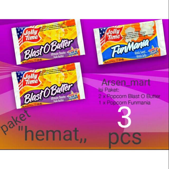 

Paket "HEMAT ( 2BOB,1FM) jolly time microwave popcorn