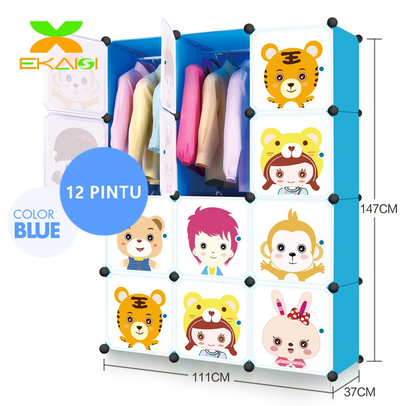 Ekaisi Lemari pakaian plastik rak serbaguna susun lemari baju anak 12 kotak pintu hello kitty
