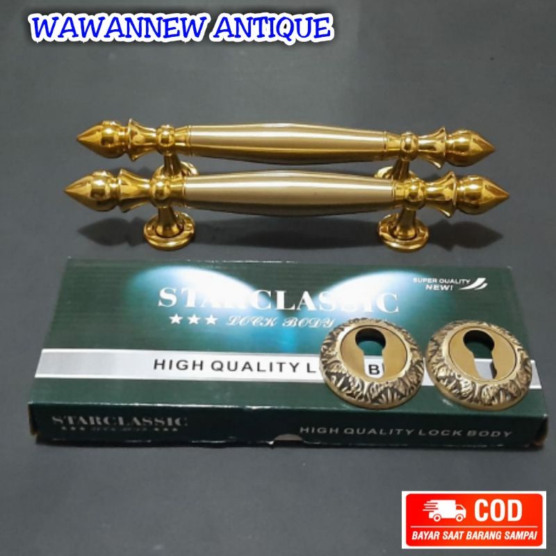 Handle Pintu / Gagang Pintu Rumah Kuningan + 1 Set Body Kunci Motif Sawo 30cm