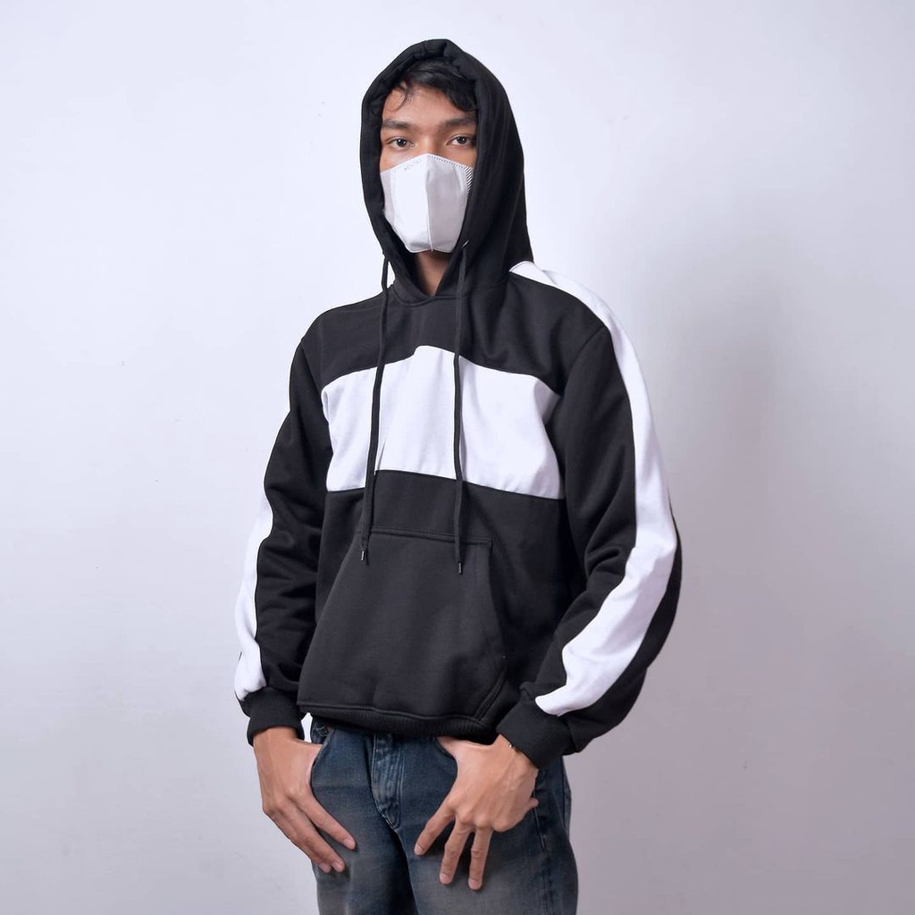 Jaket Jumper Hoodie Hitam Garis Putih