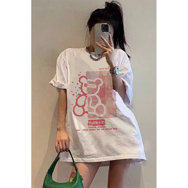 baju kaos wanita lengan pendek/bear printing t-shirt/korea style oversize kaos putih