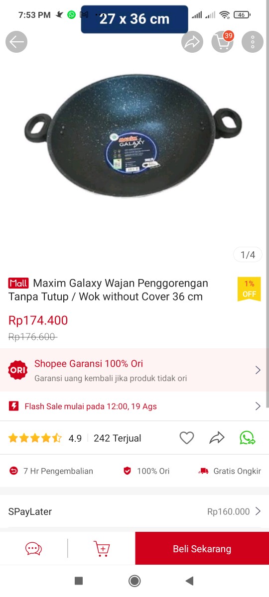 Maxim Galaxy Wajan Penggorengan Tanpa Tutup / Wok Without Cover 36 Cm (gal36wok)