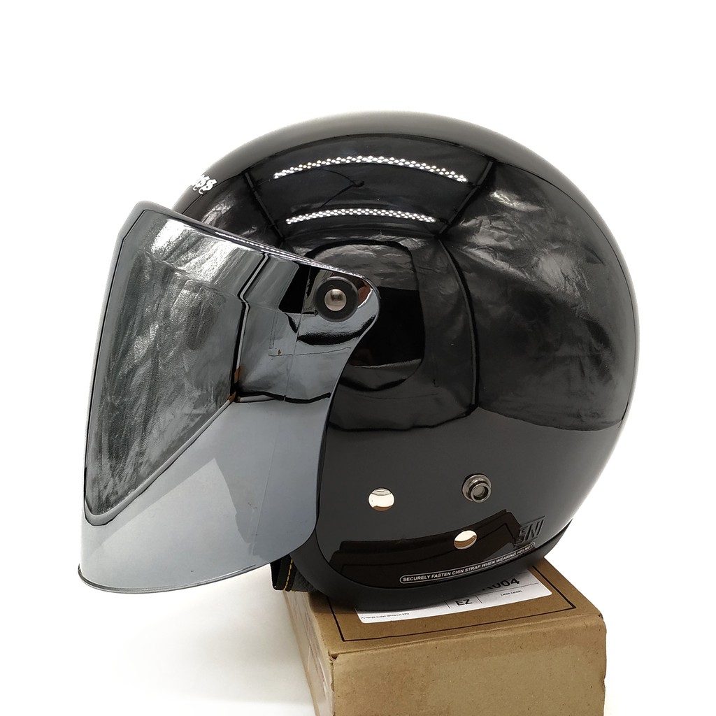 Helm Cargloss Retro Black Glossy + Kaca Snail Silver