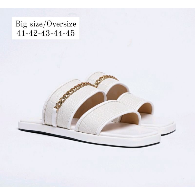 Sandal Oversize Wanita 41-42-43-44-45 Sendal Kulit Croco White premium Big Size JUMBO Cantik, 44