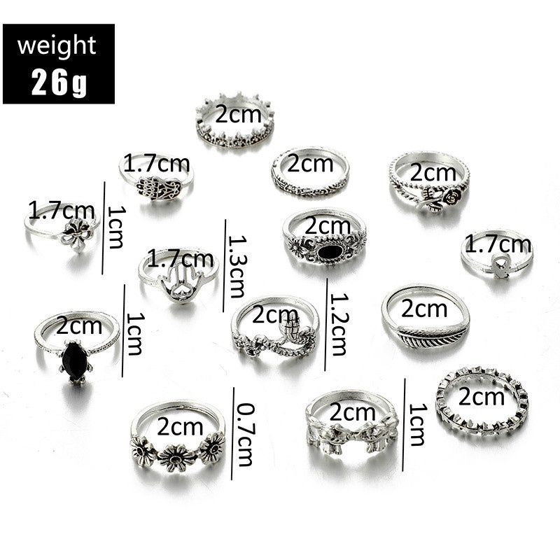 14pcs / Set Cincin Silver Antik Desain Bulan Bintang Gajah Ular Palm Hitam Untuk Wanita