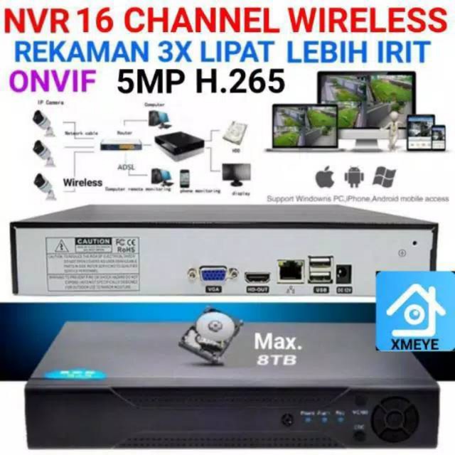 NVR XMEYE 16 CHANNEL 5MP 4K ONVIF H.265 H.264 WIRELESS DVR ICSEE