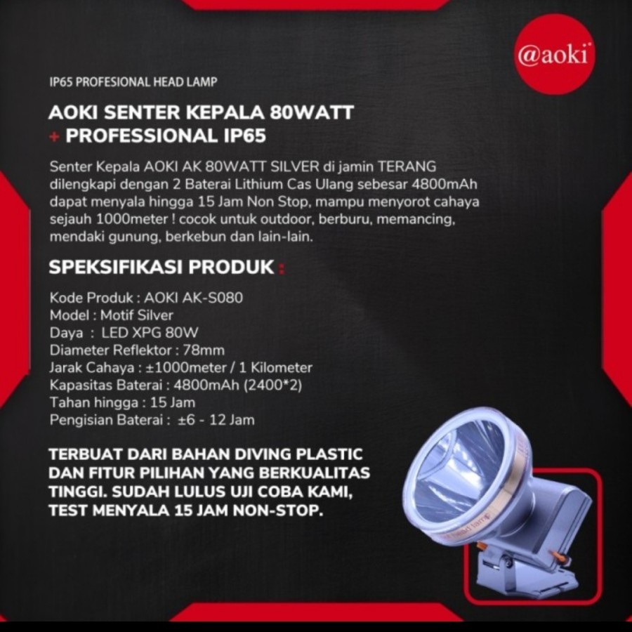 COD Senter Kepala Headlamp Aoki 80 Watt AK-S080 Cahaya Putih Waterproof