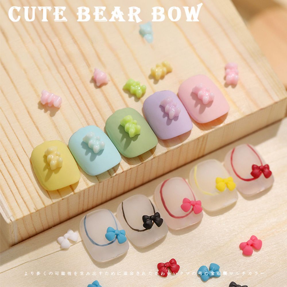 MXBEAUTY 30Pcs/Bag Bow Bear Nail Art Accessories Cartoon DIY Nail Art Decorations Bear Bow Nail Studs Cute Candy Color Mixed Resin Nail Salon Manicure Ornaments Matte Nail Jewelry