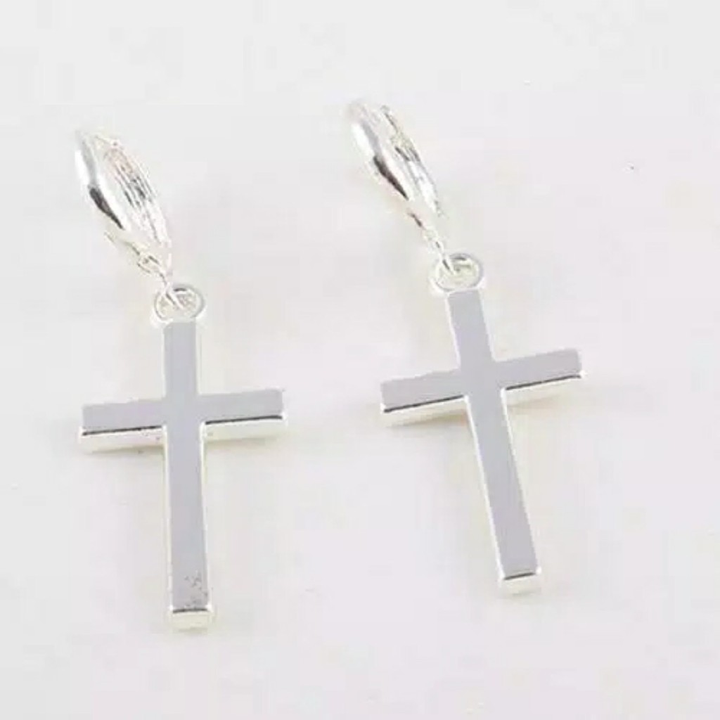 Anting Salib Menjuntai Hoop Earring Cross Dua Warna