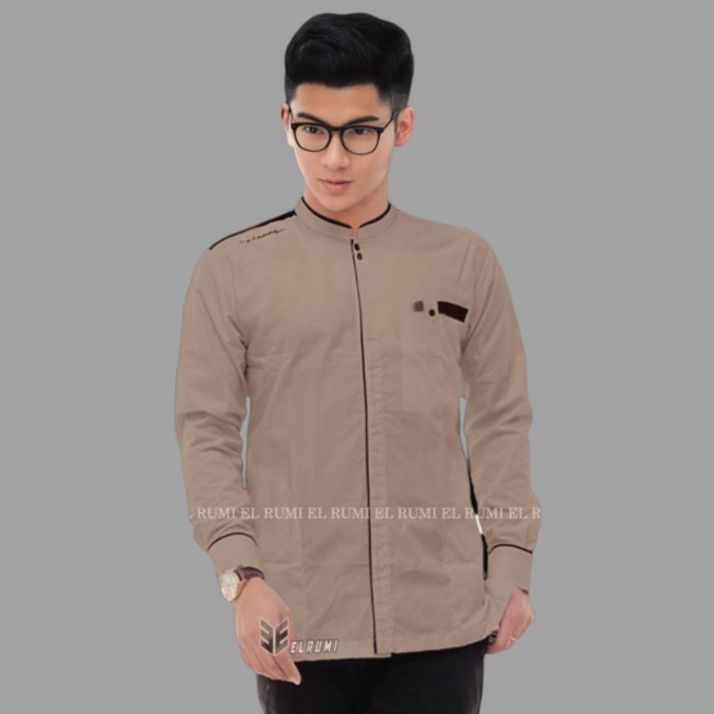 Baju Muslim Pria Dewasa Koko Lengan Panjang Putih Motif Yisunsin Elrumi Berkualitas-Yss Panjang Cokelat