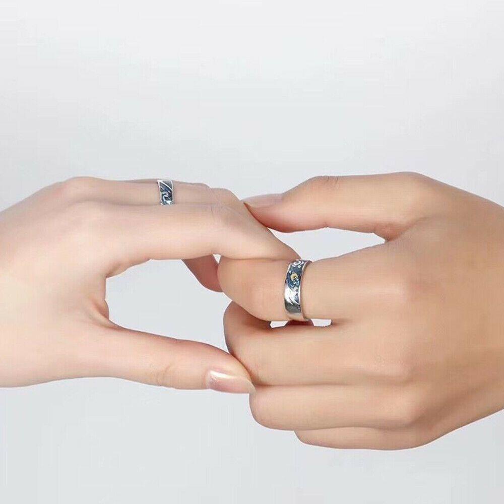 PREVA Couple Rings Valentine's Day Present Jewelry Blue Silver Plate Weddings Romantic Starry Sky