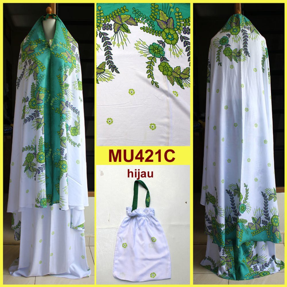 Dijual Mukena Bali Dewasa Semi Jumbo Dasar Putih Motif Bunga   MU421C Hijau Diskon