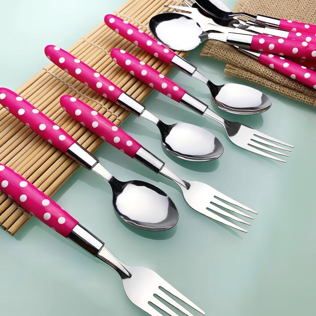 [COD] SENDOK DAN GARPU MAKAN MOTIF POLKADOT STAINLESS STELL -  ISI 6 PCS