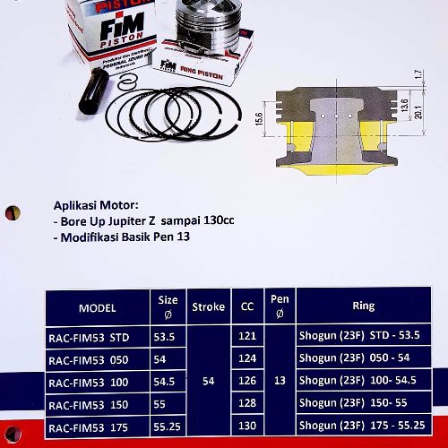 DSA     Piston Kit FIM Izumi FIM53 XB Untuk Yamaha Jupiter Z Bore Up Sampai 130cc .