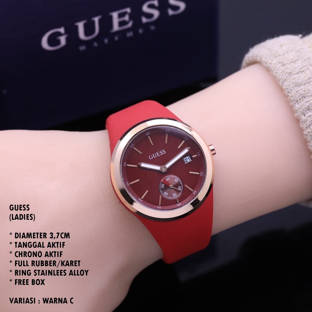 (BISA COD) JAM TANGAN WANITA GUESS TALI RUBBER BODY BULAT TANGGAL &amp; CHRONO AKTIF