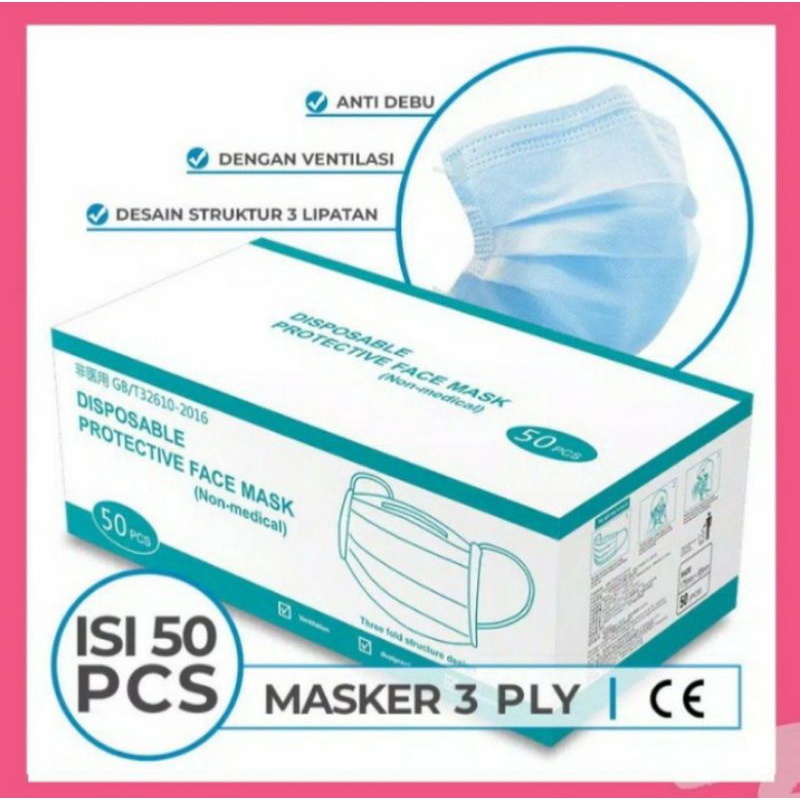 COD 1 BOX Masker medis 3 ply- Masker kesehatan- Masker earlop 50 pcs