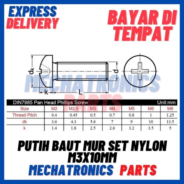 [DEV-9487] PUTIH BAUT MUR SET NYLON M3X10MM PILAR SPACER PCB M3X10MM NILON