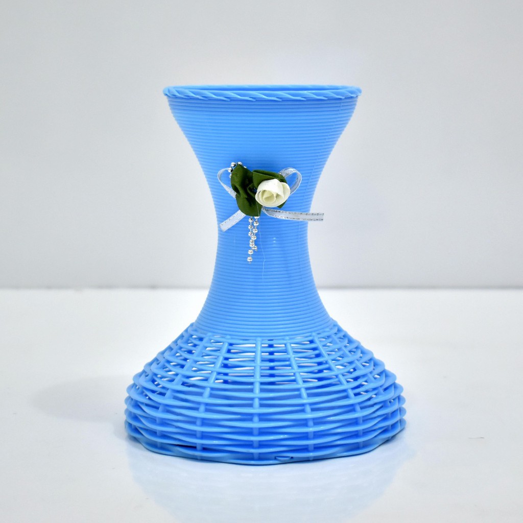 COD POT BUNGA PLASTIK VAS BUNGA PLASTIK POT BUNGA ROTTAN POT BUNGA HIASAN MEJA VAS  ROTTAN PB5014-BIRU