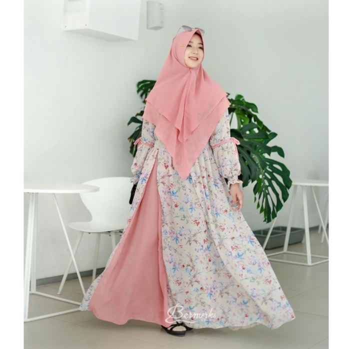 ORI By Bermerks Gamis Syari Ceruty Printing Set Khimar / Gamis Set / Gamis Mewah #ALANA RJ