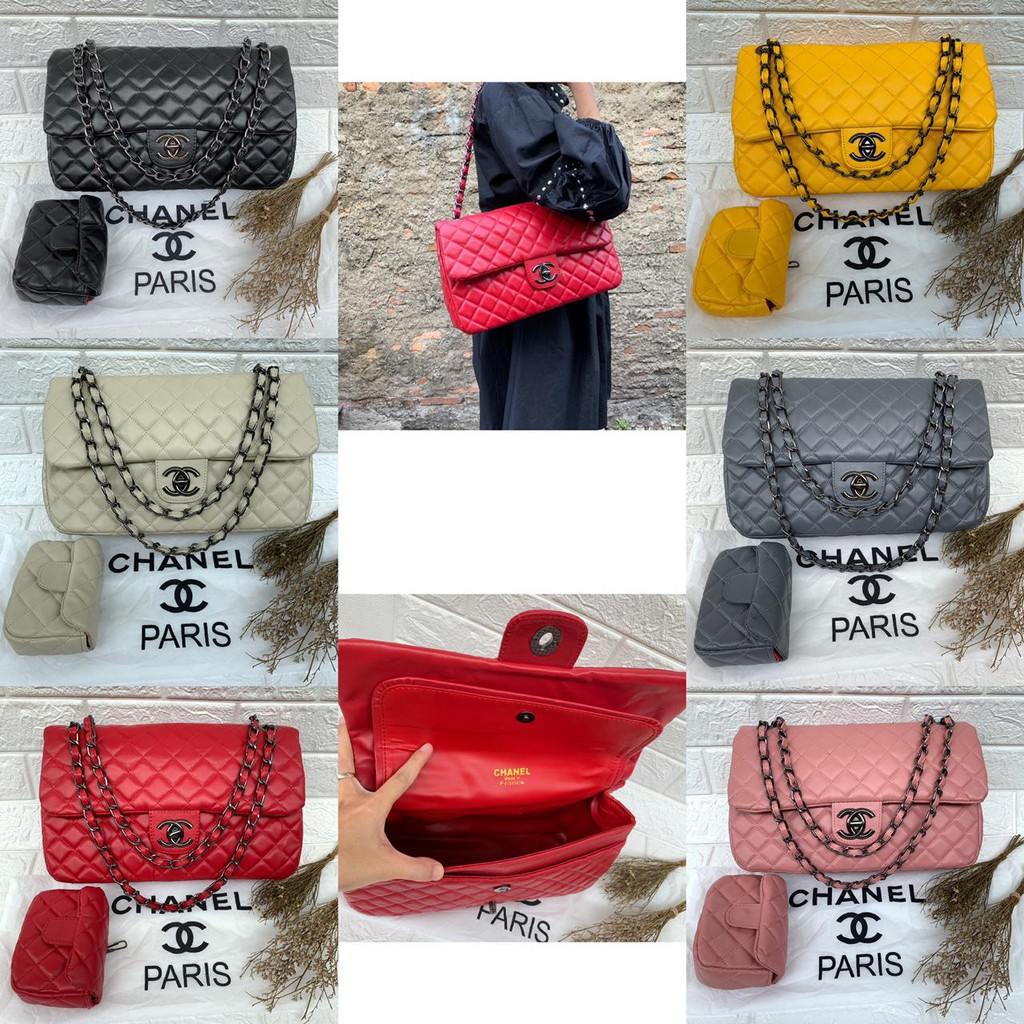 TAS WANITA, CHANEL MOM & KID, TALI RANTAI HITAM, BAHAN KULIT TEBAL