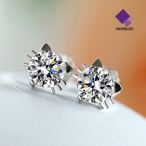 Naiveblue Anting Tusuk Sterling Silver 925 Desain Telinga Kucing Hias Zircon Untuk Wanita