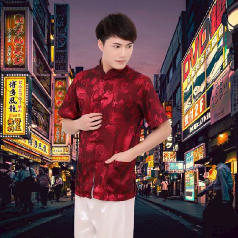 NEW YEAR SALE Cheongsam Pria Lengan Pendek Silky Import